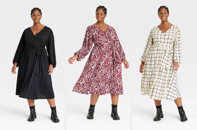 Model wearing black midi dress with balloon sleeves, a V-neckline, and a tie waist with black ankle booties, model wearing product in red and white swirl pattern and black ankle boots, model wearing product in black and white gingham with black booties on a white background