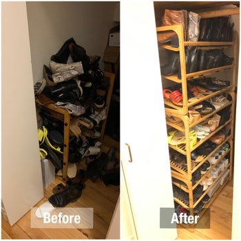 reviewer before and after of shoes organized on stackable wooden shoe racks