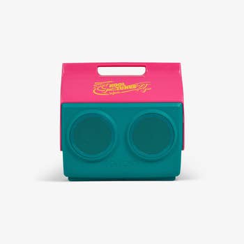 Retro-style cooler with built-in speakers, featuring a playful design, suitable for outdoor events
