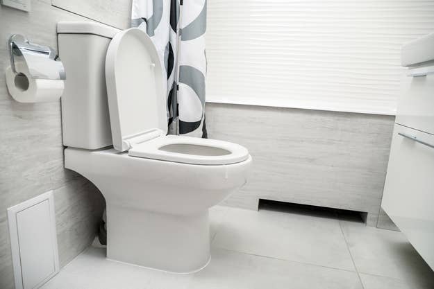 A clean, modern bathroom with a toilet, toilet paper holder, and a shower curtain visible in the background