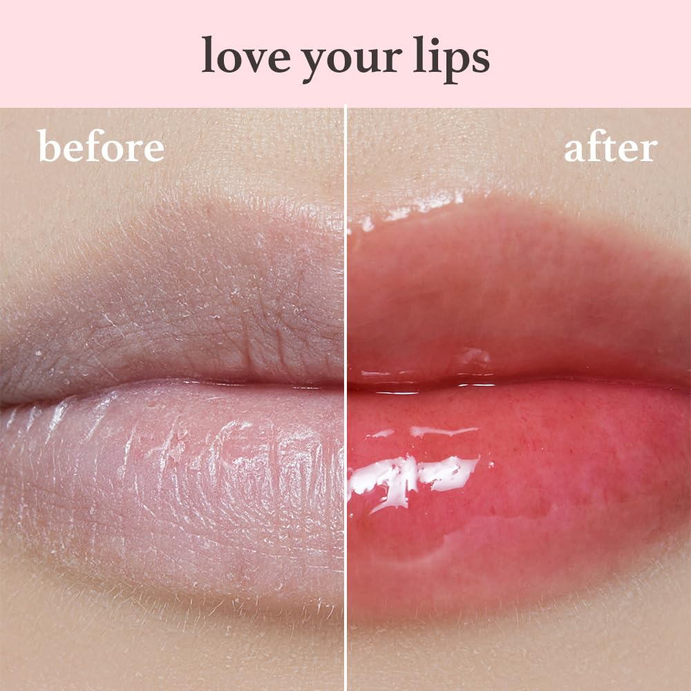 sebelum dan sesudah menunjukkan bibir merah muda mengkilap