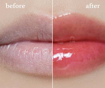 sebelum dan sesudah menunjukkan bibir merah muda mengkilap