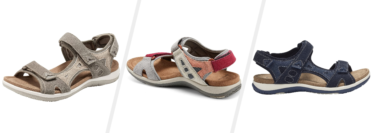 Three images of beige, red, and navy sandals