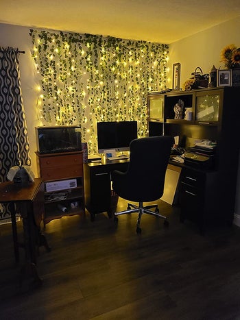 fairy lights and fake vines hung behind a reviewer's desk