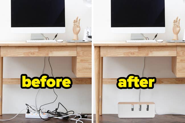 Before photo of messy cables behind desk and after photo of them hidden in box