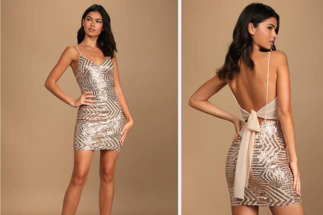 Model in geometric patterned rose gold sequined dress with chiffon bow in the back
