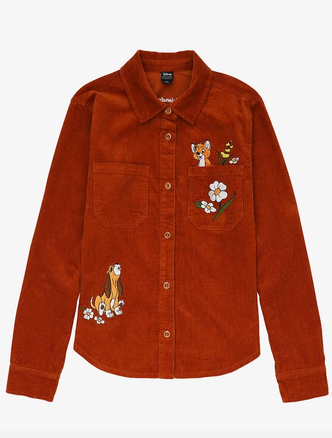 a burnt orange corduroy button down top with copper and todd from the fox and the hound on it