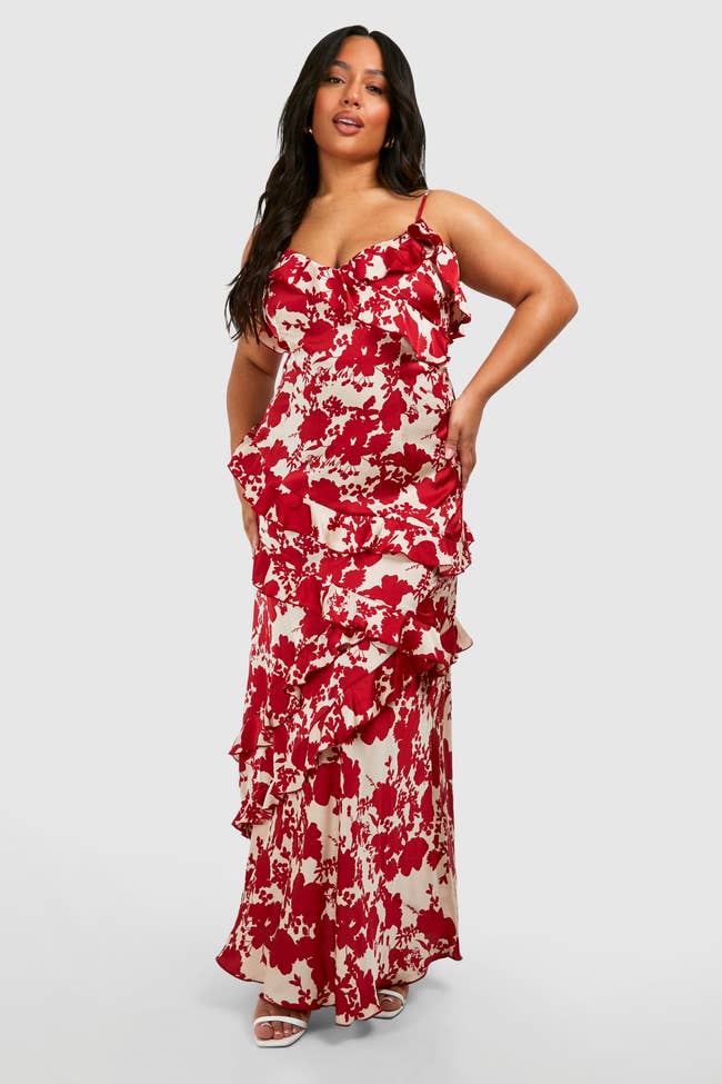 model wearing maxi dress with red floral print