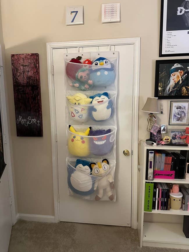 A door-mounted storage organizer with various plush toys from popular media franchises