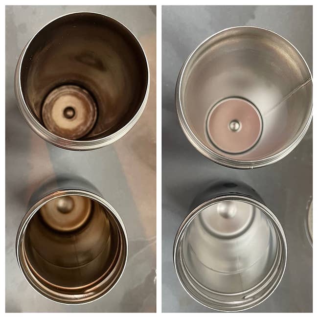 reviewer side by side before and after pictures of two dirty stainless steel travel mugs becoming clean