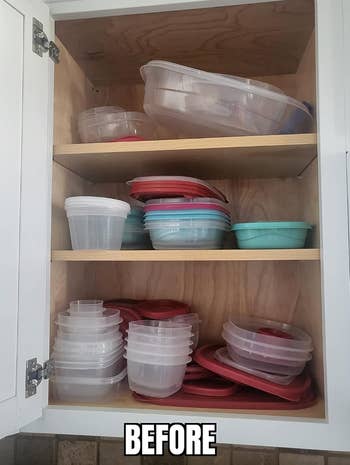 reviewer before photo showing a mess of container lids inside a cabinet