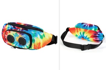 Front and back view of tie dye fanny pack with speaker in the front