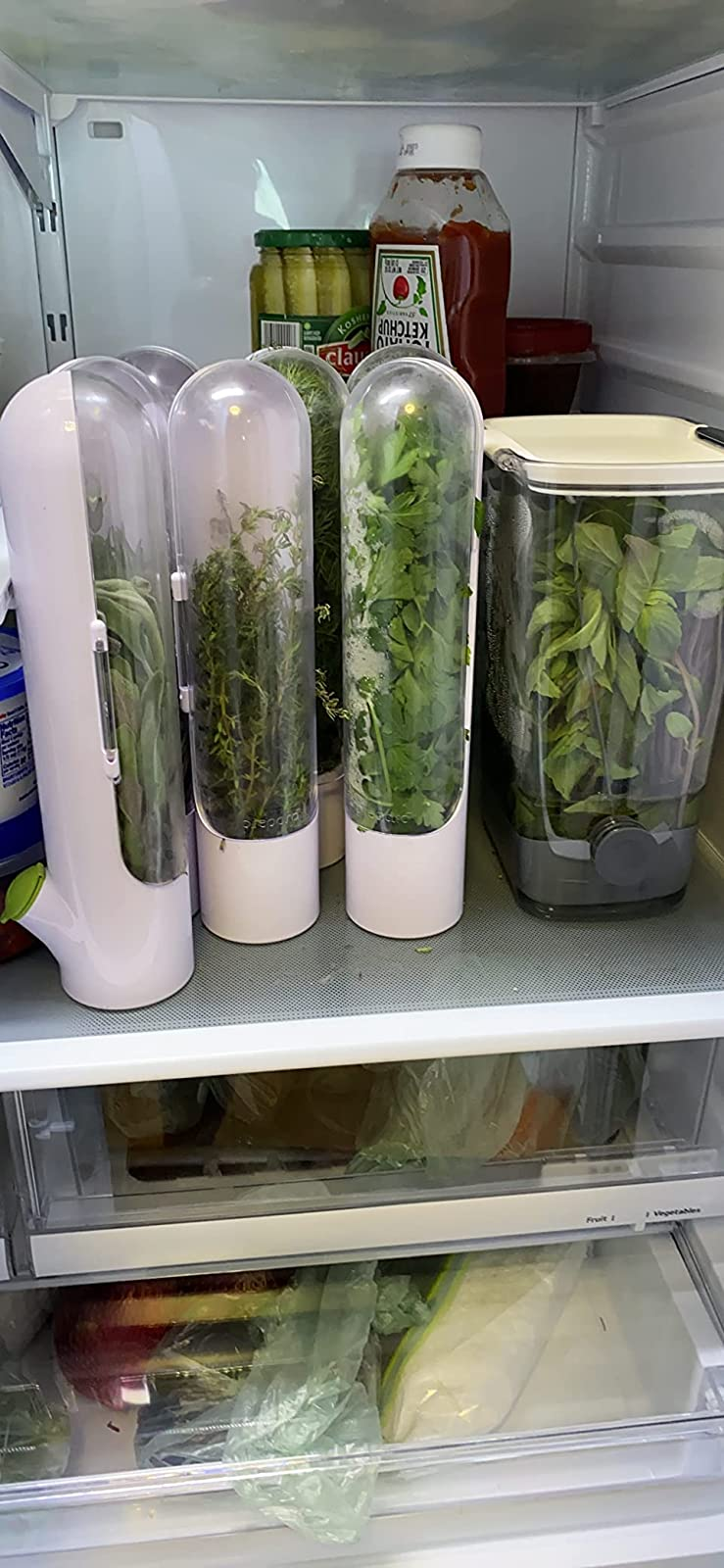 Tiga polong di lemari es diisi dengan berbagai macam herbal