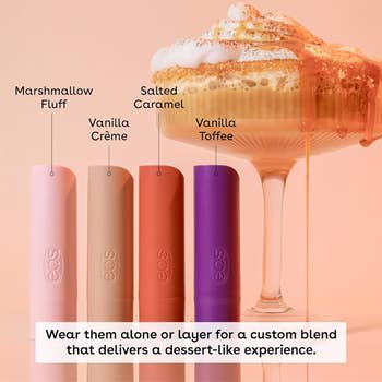 Four EOS articulator  balm tubes labeled Marshmallow Fluff, Vanilla Crème, Salted Caramel, and Vanilla Toffee with a dessert background