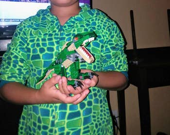 Child in a dinosaur print shirt holds a toy dinosaur, possibly for imaginative play or collection