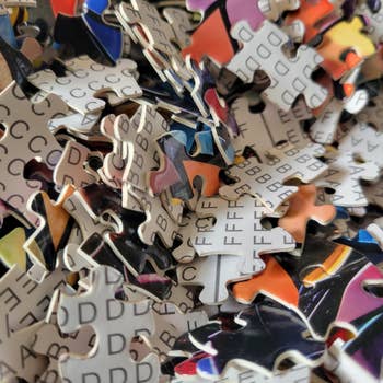 Close-up of scattered puzzle pieces showing letters similar  