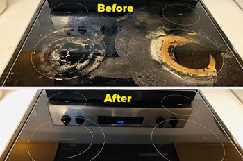 Reviewer image of before and after of stove with stains and without
