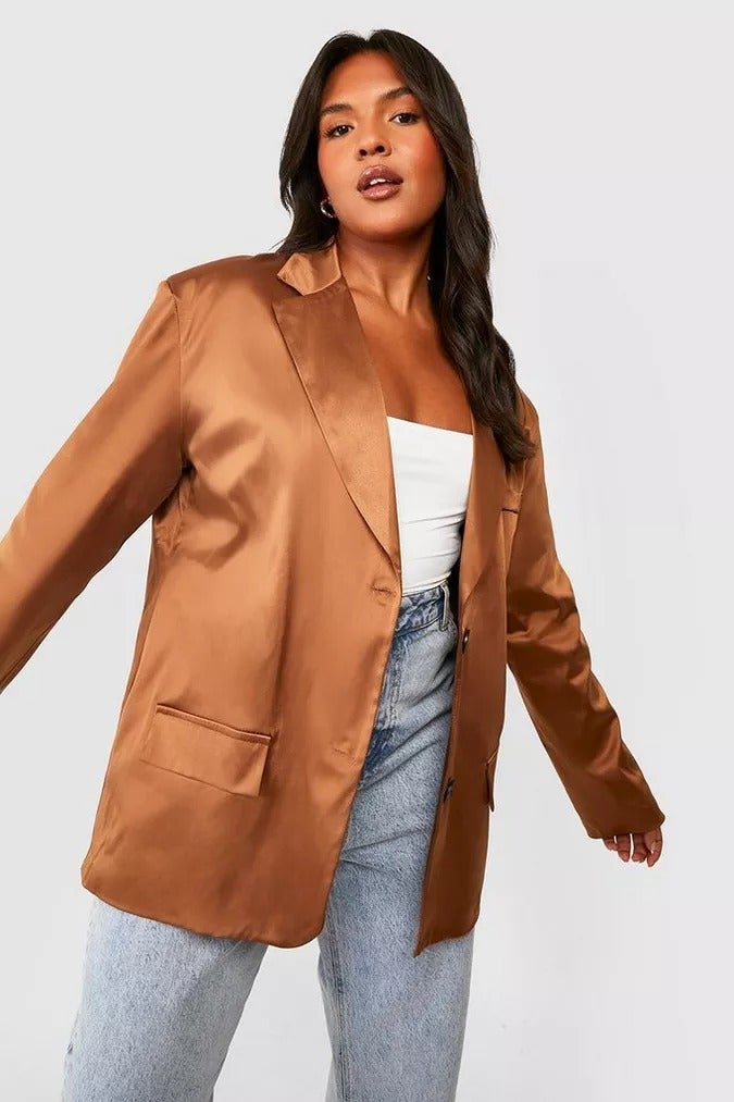 model wearing the satin blazer in brown