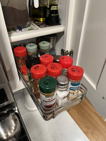 Spice rack in a kitchen cabinet, featuring assorted spices and seasonings, including cayenne pepper and cinnamon, with organized red caps