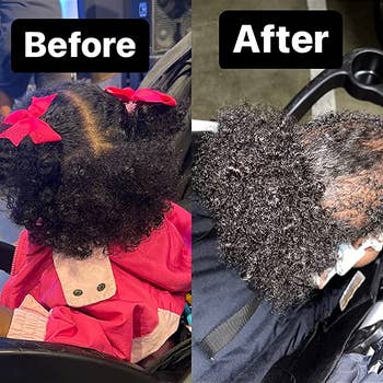 before and after photos of a 14-month-old with natural hair whose curls look soft and moisturized after using the conditioner