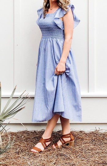 reviewer wearing the blue smocked dress