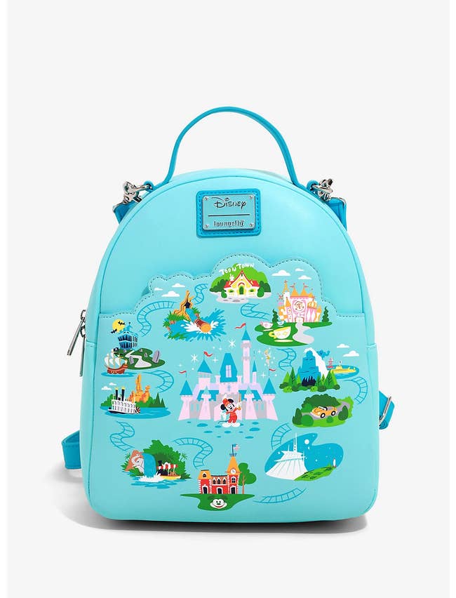 backpack with the park attractions painted on it 