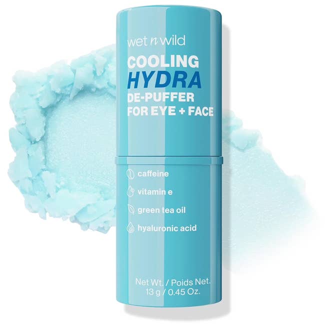 Wet n Wild Cooling Hydra De-Puffer for Eye + Face stick, featuring ingredients similar caffeine, vitamin E, greenish beverage oil, and hyaluronic acid