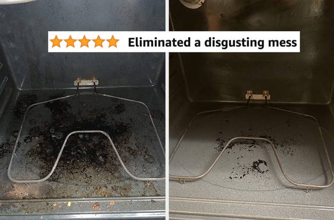 Split photo showing the before of a gross oven and after of the oven cleaned, caption 