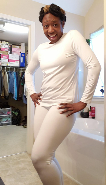 reviewer wearing the set in white