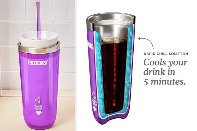 Purple tumbler with straw and stainless steel interior on a counter, interior view of product on a white background