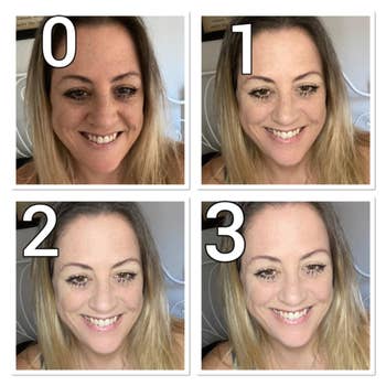 a reviewer demonstrating the three levels of brightness in three different selfies