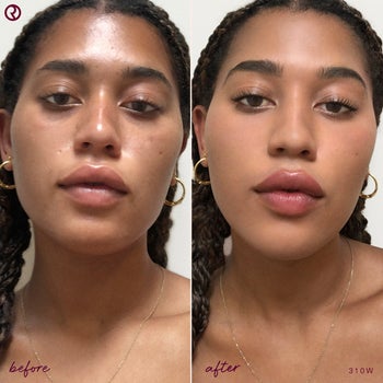 model before pic with shiny face and after pic with full coverage and matte face