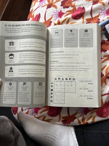 Open publication  with a detective-themed puzzle titled 