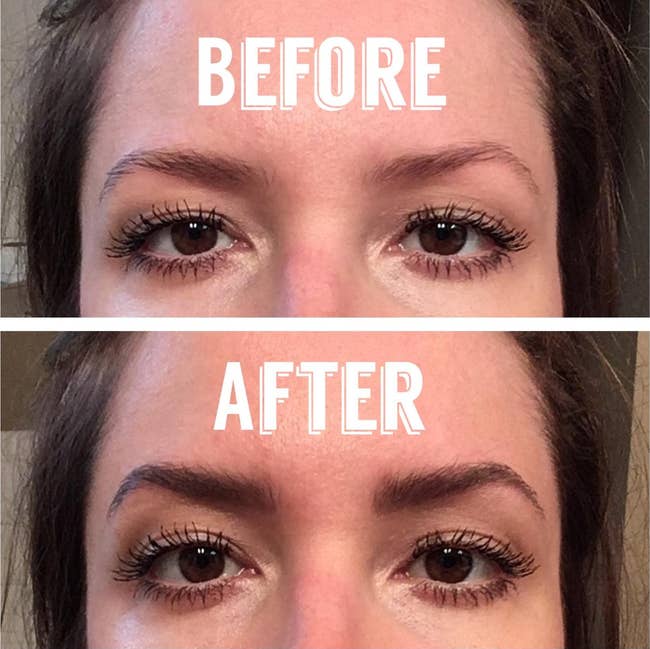 reviewer before with no eyebrow gel and after with darker brows