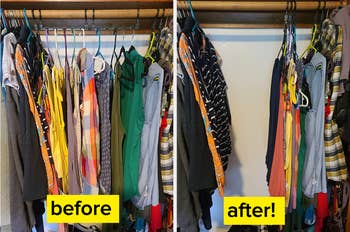 reviewer before and after of crowded closet and closet with a lot more space