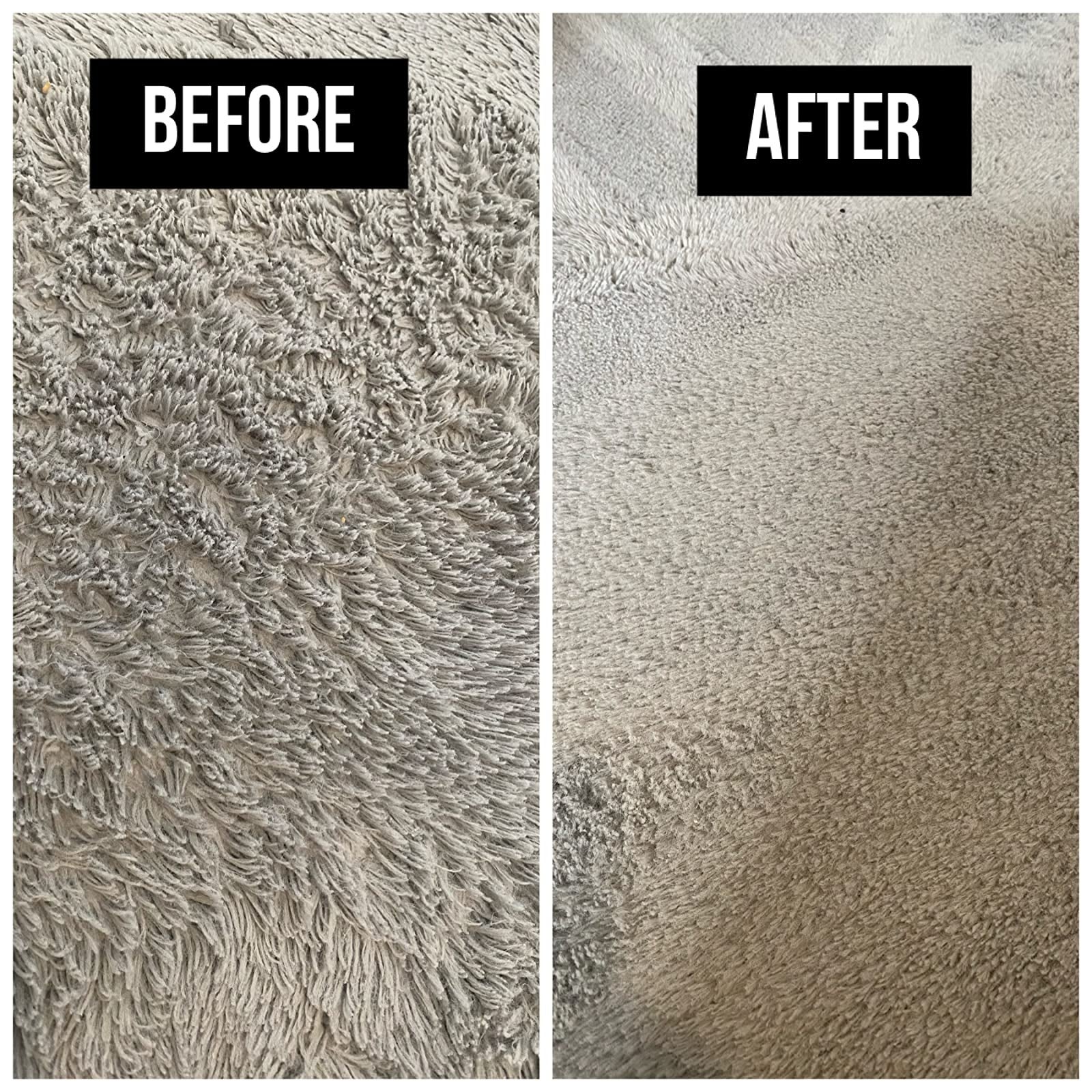 side by side of a matted rug before and after the brush was used