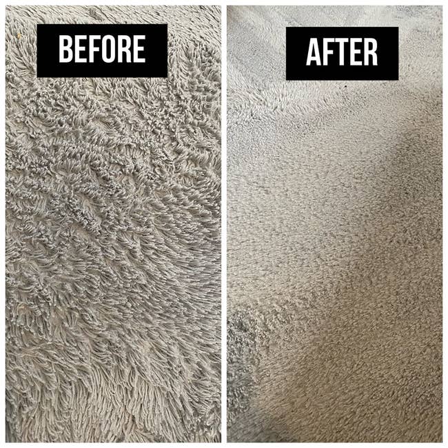side by side of a matted rug before and after the brush was used