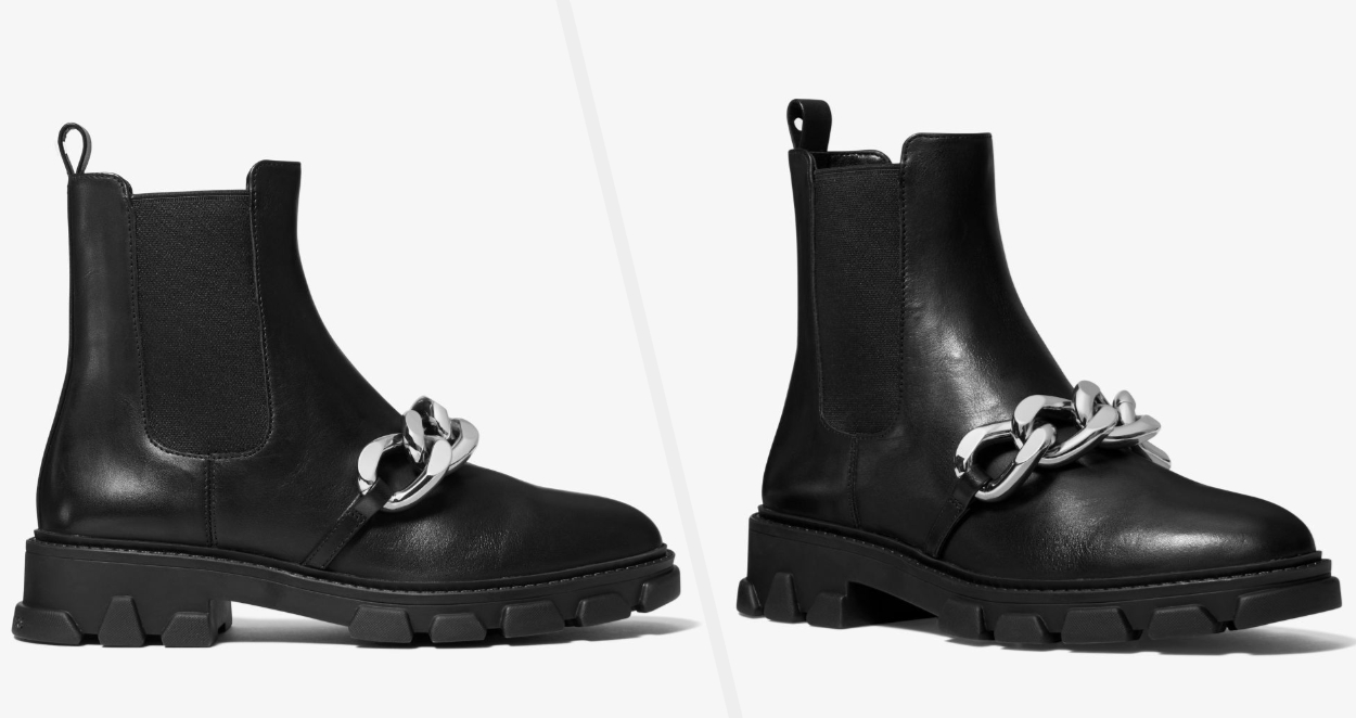 Two images of black boots with silver chain accent