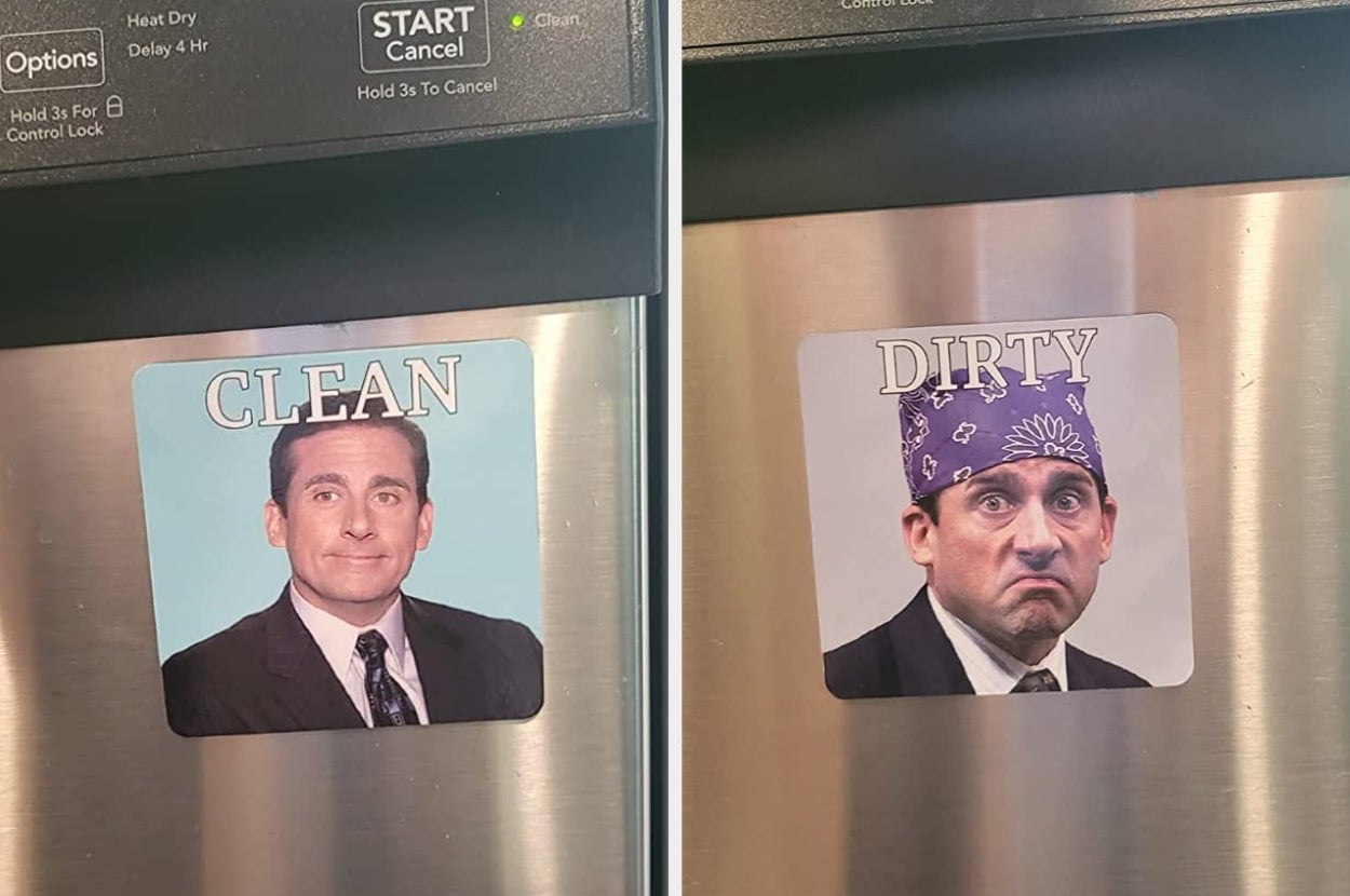 the clean and the dirty sides of the michael scott magnet shown on reviewer's dishwasher