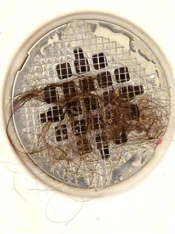 Clogged ablution drain covered with tangled hair, illustrating the request for effectual cleaning supplies