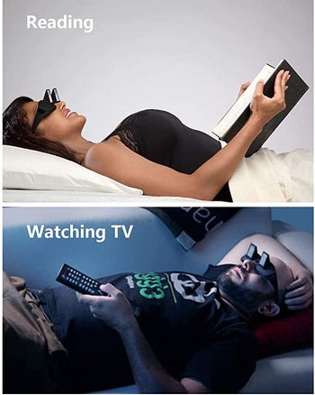 two models wearing glasses while they read and watch TV laying completely down