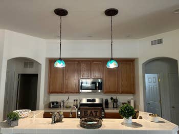 Modern room with woody cabinets, stainless alloy appliances, and pendant lights. Decor includes tiny potted plants and