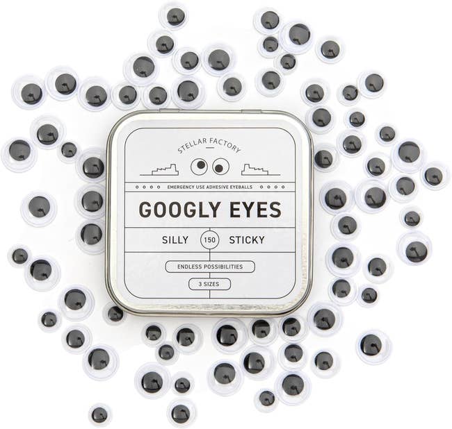 Tin surrounded by googly eyes, labeled