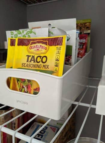 reviewer photo of taco seasoning in pantry bin