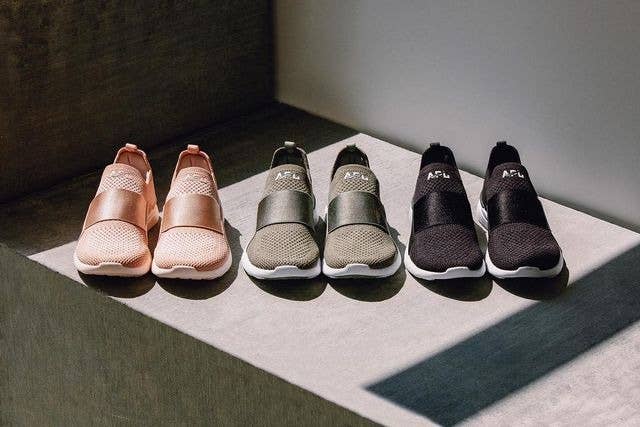 slip-on shoes in peach, olive green, and black