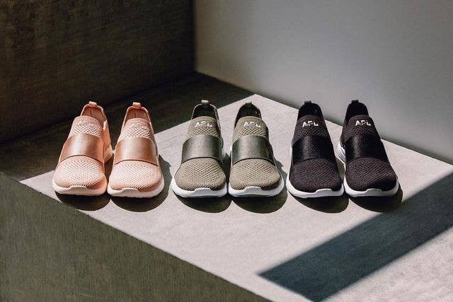 slip-on shoes successful peach, olive green, and black