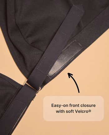 Close-up of an easy-on front closure on the bra featuring soft Velcro for simple fastening