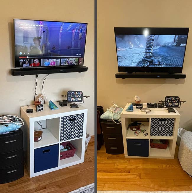 reviewers mounted TV with cables behind it and then same reviewer's TV with cables hidden