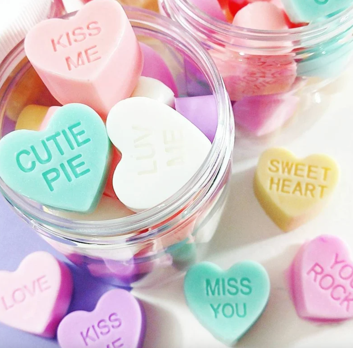 assortment of conversation heart soap bars