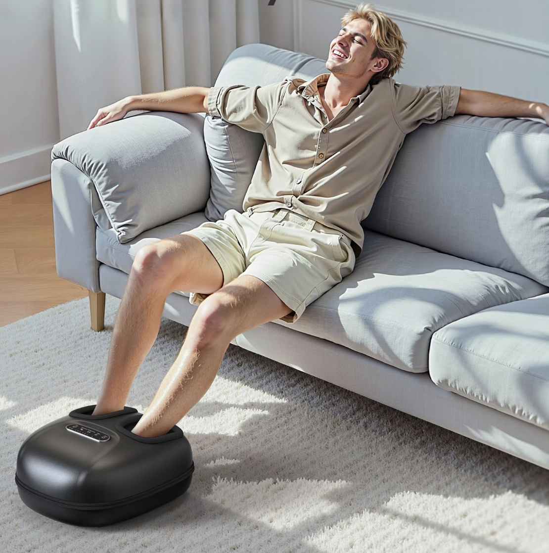 Person relaxing connected  a sofa  utilizing a ft  massager, smiling and sitting backmost  comfortably. Dressed successful  casual shorts and a shirt